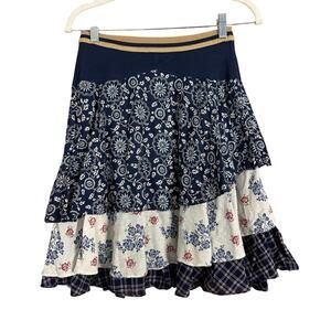 Vintage Y2K Free People Tiered Skirt Short Mix Print Blue Womens Size 2 Boho Art